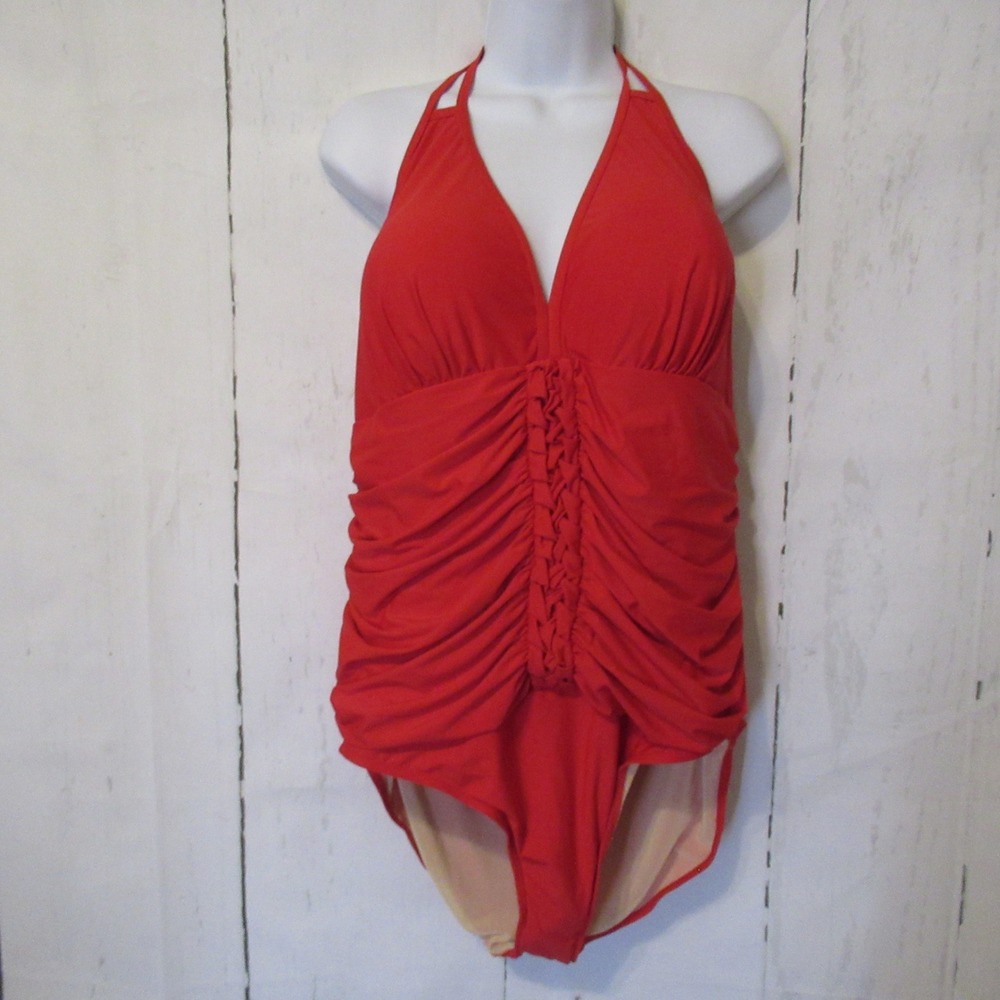 New Swimsuits For All 24 Red Ruched Slimming Halter One‎ Piece Plus Size